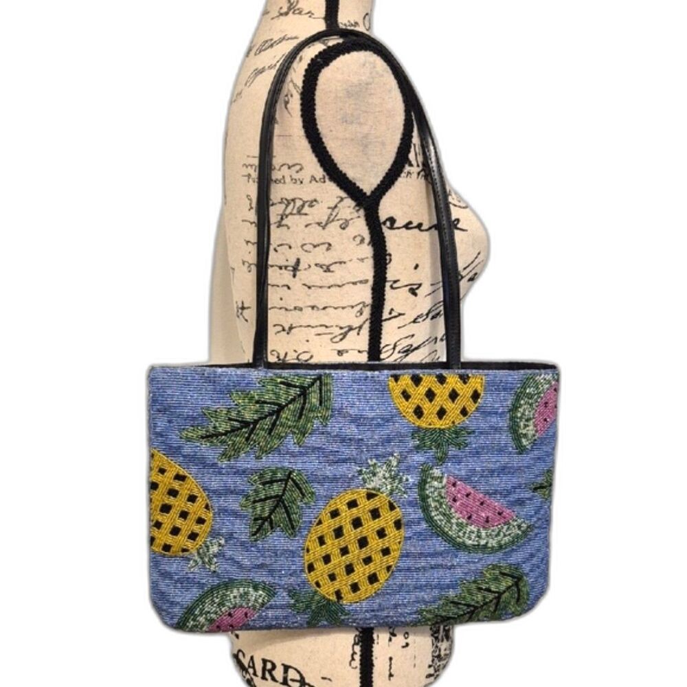 Beaded Tropical Fruit Tote Bag Pineapple Watermelon Summer Beach Purse NWOT